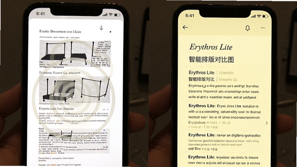 Erythros Lite 智能排版对比图，左侧原始文档杂乱样式，右侧经过排版后整齐清晰，手机屏幕特写，字体大小适中，行间距舒适，背景淡黄色护眼模式，高清细节