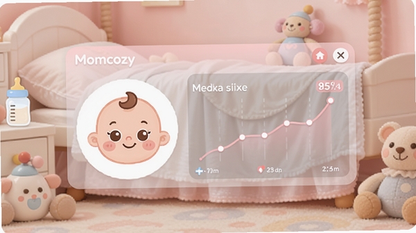 一款名为Momcozy的母婴管理软件界面截图，画面中央显示宝宝卡通头像与成长数据曲线，背景是温馨的淡粉色卧室环境，带有奶瓶、玩具等元素，整体风格清新柔和，突出软件在育儿管理中的核心作用