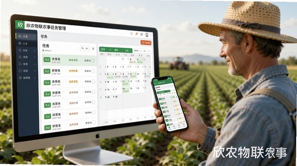 欣农物联农事任务管理界面，显示任务列表与日历视图，背景为农民在田间使用手机查看任务，画面自然和谐，突出移动办公与农业管理结合，包含软件名称水印。