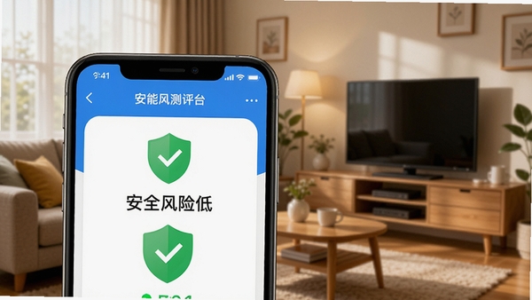 万能WiFi速连安全检测功能预览，手机屏幕展示一个WiFi网络的安全评分结果，界面包含“安全风险低”字样与绿色盾牌图标，背景为家庭客厅环境，风格温馨写实