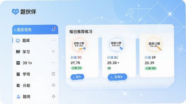 题伙伴应用主界面预览图，展示清爽的首页布局，左侧为题库分类列表，右侧为每日推荐练习卡片，背景采用浅蓝色渐变的科技感风格，界面元素清晰，突出“题伙伴”品牌标识，整体画面明亮简洁，符合学习教育类应用的视觉调性。