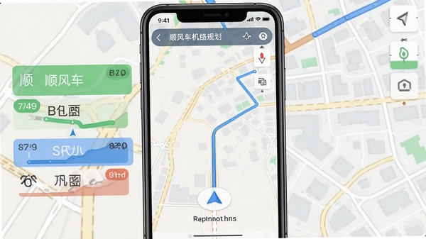 顺风车司机路线规划导航截图，手机屏幕显示多路线对比与导航箭头，背景为城市道路地图，风格简洁直观