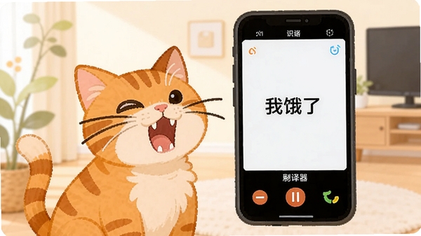 爱宠物翻译器识别猫叫的界面，一只橘猫对着手机张嘴叫，屏幕显示翻译结果“我饿了”，背景为简约室内，光线明亮，卡通风格插画