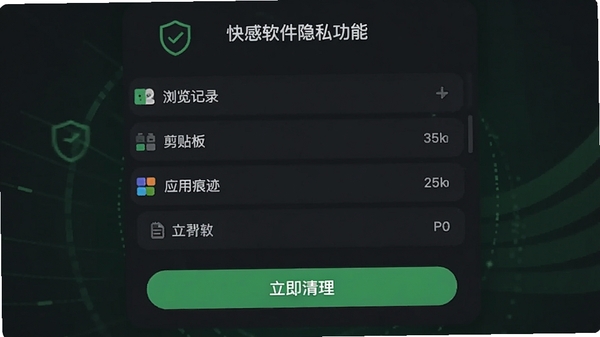快感软件隐私保护功能界面截图,显示可清理的隐私数据类型列表,包括浏览记录、剪贴板、应用痕迹等,底部有“立即清理”按钮,界面以深色为主,搭配绿色安全图标,营造安全可靠的氛围。