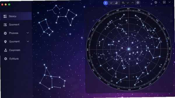 星象软件主界面预览图，展示星空背景与星座连线，左侧为功能菜单，右侧为星图核心区域，整体色调深蓝与紫色渐变，点缀星星光点，风格科技感与神秘感并存，适配Boogu模型生成