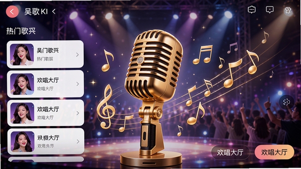 吴歌手机K歌软件主界面，展示热门歌曲列表与欢唱大厅，背景为舞台灯光效果，画面中央有一支金色麦克风，周围漂浮着音符，整体风格明亮活泼，充满音乐氛围
