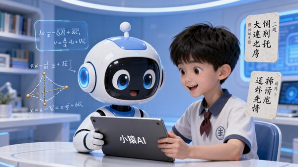 小猿AI一对一学习应用主视觉图，画面中央是拟人化的AI智能体与一名中学生正在平板电脑前进行一对一互动，周围漂浮着数学公式、物理模型和语文诗词等元素，背景为未来感的学习书房，蓝白配色，风格清新明亮，突出智能辅导的核心场景