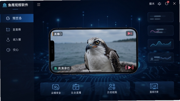 鱼鹰视讯软件主界面预览图，展示其简洁明了的操作布局和核心功能按钮，背景为深色科技感渐变，画面中央为手机屏幕实时预览画面，强调高清录屏与直播的便捷性
