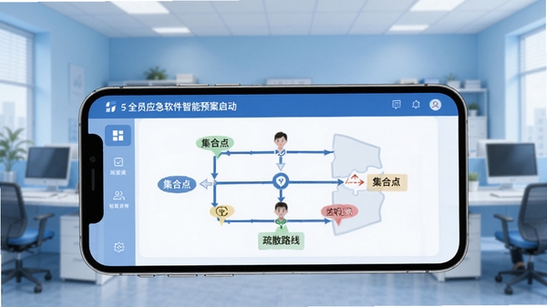 全员应急软件智能预案启动界面，手机屏幕上显示地震预案流程图，包含疏散路线、集合点标注，背景为办公室场景，浅蓝色调，界面简洁清晰，适配Boogu模型生成