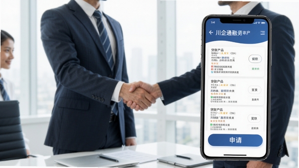 川企通融资对接界面，手机展示贷款产品列表和申请按钮，背景为商务人士握手场景，象征银企合作，画面突出金融服务的专业与可靠