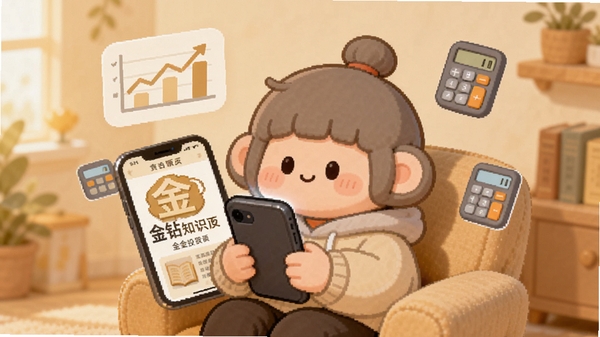 A cozy reading scene with smartphone showing 金钻 knowledge page about gold investment, warm beige background, floating charts and calculator icons, centered subject, Boogu style