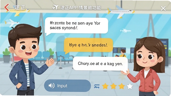途正APP情景对话功能截图，画面显示两位卡通人物在机场进行英语对话练习，屏幕下方有语音输入按钮和实时评分星级，界面色彩明亮，对话气泡清晰