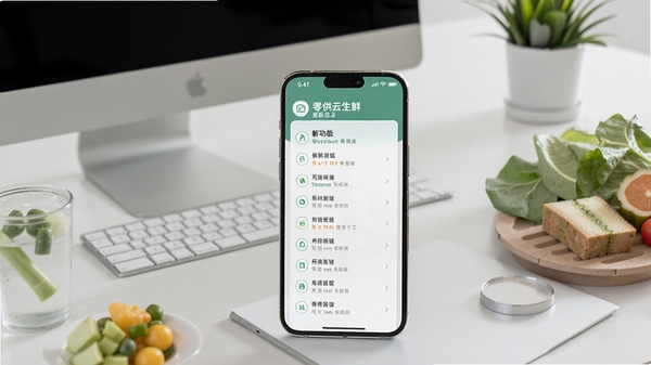 零供云生鲜更新日志配图,画面为手机上的版本更新界面,显示新功能列表,背景是办公桌面,有电脑和生鲜样品,现代简约风格,高清