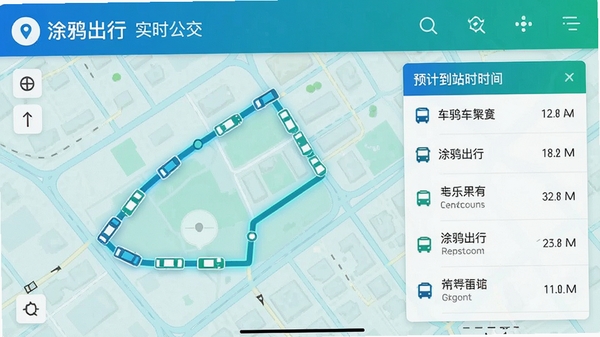 涂鸦出行实时公交功能截图,展示公交车位置地图与预计到站时间列表,界面清晰展示车辆图标与路线轨迹,背景为城市道路简图,色调以蓝绿为主,体现科技感与实用性