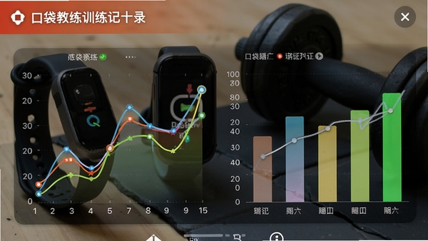 口袋教练训练记录图表界面，显示折线图和柱状图，背景为运动手环和哑铃，色彩对比鲜明，突出数据可视化效果