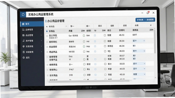 实易办公用品管理系统主界面截图,展示办公用品库存管理软件的完整功能布局,左侧为功能导航栏,右侧为办公用品库存列表,背景为简洁明亮的办公室环境,整体风格商务专业,高清细节丰富