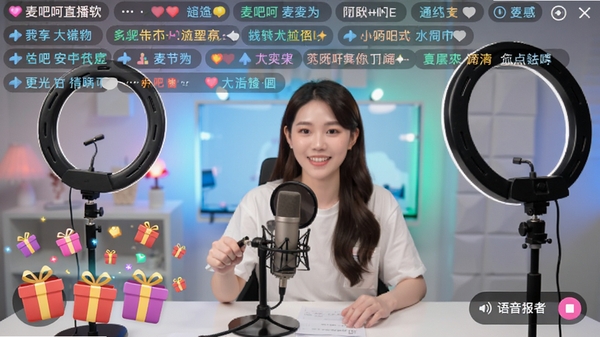 麦吧呵直播软件弹幕互动界面，屏幕上方滚动彩色弹幕，左下角显示礼物动画特效，右下角有语音播报开关，背景为明亮的直播间场景，主播台上有麦克风和补光灯，突出互动氛围