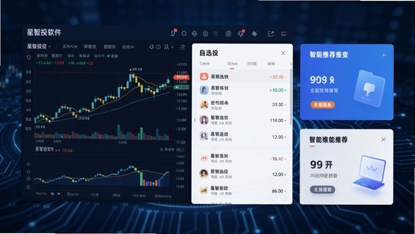 星智投软件主界面预览图，展示股票行情图表、自选股列表、智能推荐卡片，背景为深蓝色科技感金融风格，界面简洁清晰，数据可视化图表丰富，整体风格专业且现代