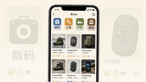 影光租赁商品分类展示图，画面中央为手机界面截图，顶部横向排列多个品类图标，包括数码、工具、户外等，下方为瀑布流商品卡片，背景为暖白色，整体布局直观清晰，体现全品类覆盖优势