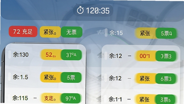 火车票查询购票应用实时余票监控功能截图,手机屏幕上显示多个车次的余票状态,数字用红黄绿三色区分充足、紧张和无票,背景为简洁的蓝灰渐变,顶部有倒计时刷新图标,界面布局清晰,数据可视化感强