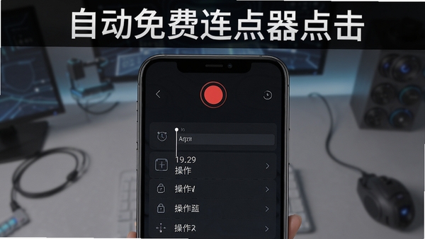 自动免费连点器点击的脚本录制页面，手机屏幕上方有一个红色的录制按钮，下方展示录制的时间轴和操作列表，背景采用深色主题，突出科技感和专业性，画面上方标注“自动免费连点器点击”字样，整体风格现代简约。