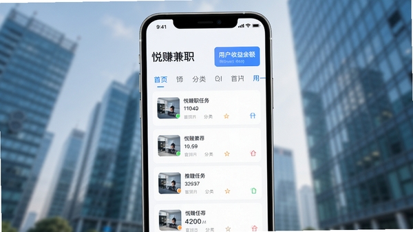 悦赚兼职app主界面预览图，展示首页推荐任务列表、分类导航栏和用户收益余额卡片，整体风格清爽简洁，以蓝白为主色调，背景为虚化的城市写字楼场景，突出手机屏幕中的内容