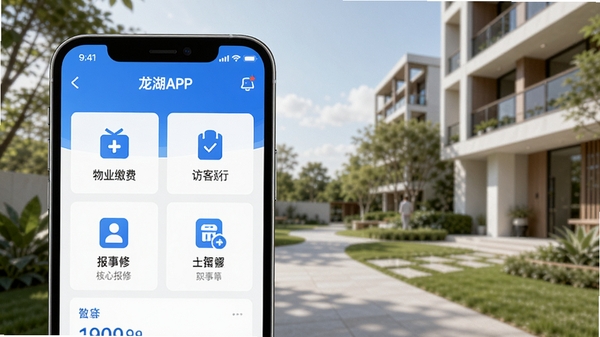 龙湖APP主界面展示，背景为现代简约的社区环境，前景是手机屏幕特写，屏幕中清晰显示龙湖APP的首页布局，包含物业缴费、访客通行、报事报修等核心功能图标，整体色调以蓝色和白色为主，风格清新自然，突出智慧社区与便捷生活的主题。