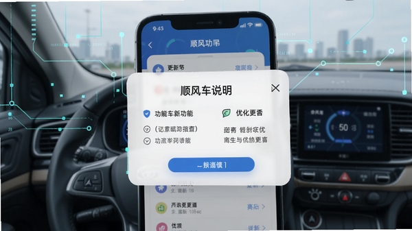 顺风车司机更新日志配图，手机屏幕显示版本更新说明弹窗，背景为浅色科技感，突出新功能与优化内容