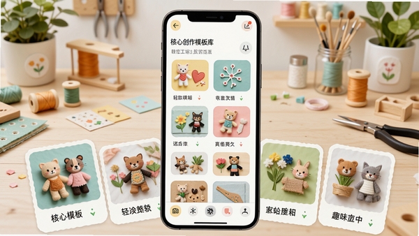趣味工坊主界面预览图，展示软件核心创作模板库，界面色彩明亮活泼，背景为简约工作台，前景显示多种手工素材卡片，整体风格清新自然，适合移动端竖屏展示
