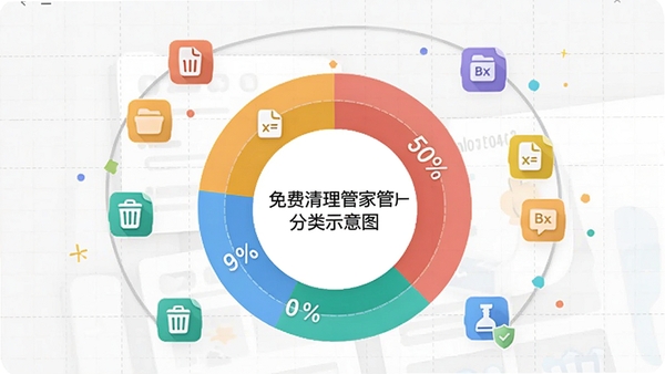 免费清理管家扫描分类示意图，界面以环形图展示不同垃圾类型占比，色彩明快，各类垃圾文件以图标形式悬浮环绕，背景为简约的浅灰色网格，突出分类清晰与数据可视化，画面包含免费清理管家软件名称字样