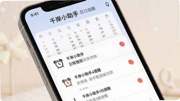 千岸小助手日程提醒界面预览,手机屏幕显示日历和提醒列表,有闹钟图标和红色提醒标记,背景柔和,整体风格清新,突出软件名称与提醒功能
