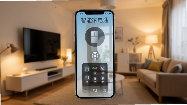 智能遥控家电通主界面展示，手机屏幕显示各类家电图标，背景为现代简约客厅，暖色调灯光，画面清晰明亮，突出智能家居场景