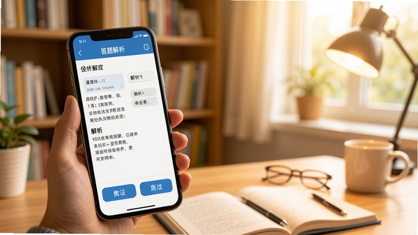 题伙伴使用教程场景图，展示用户正在手机上查看答题解析页面，页面下方有清晰的选项按钮和解析文字，背景为明亮的书房环境，色调温暖，强调实际应用和学习氛围。