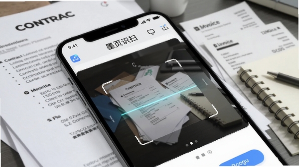 一张智能手机屏幕特写，屏幕上显示墨页识扫应用主界面，界面风格简洁现代，背景是一张堆放着合同、发票和笔记本的办公桌，画面主体突出手机屏幕中的扫描预览框，光线明亮柔和，强调软件的高效与便捷，整体色调以蓝白为主，适配Boogu模型生成