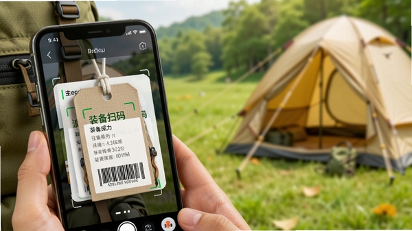 装备控扫描条形码功能演示图,手机镜头对准一个带有条码的户外背包吊牌,屏幕界面弹出识别成功的装备信息卡片,背景是户外草地与帐篷的虚化,色调明亮,突出扫码识别的便捷性,风格写实,适配Boogu模型生成