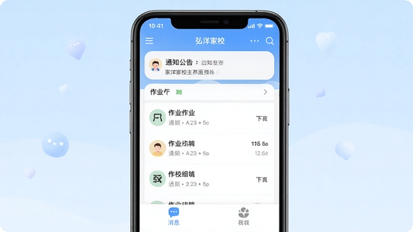 弘洋家校主界面预览图，画面中央显示手机屏幕，屏幕内是家校沟通软件主界面，顶部有通知公告栏、中部显示作业列表、底部有消息和我的选项卡，背景为淡蓝色渐变，整体风格简洁现代，突出家校互动主题