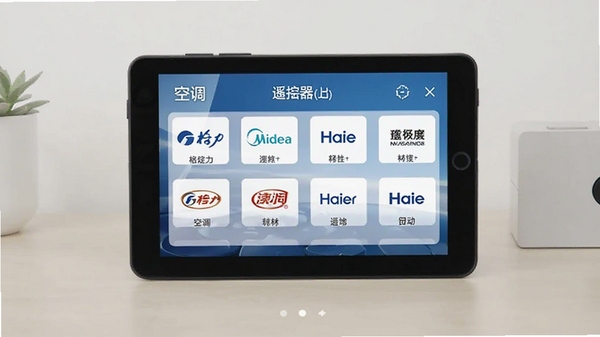 空调万用遥控器品牌选择界面截图，屏幕上列出多个空调品牌图标，包括格力、美的、海尔等，背景为简洁的桌面环境，突出软件广泛的兼容性