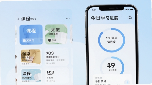 途正软件主界面预览图，展示手机屏幕中清新的英语学习课程列表，背景为淡蓝色渐变，界面包含课程分类卡片与今日学习进度环，整体风格简约现代，适配移动端竖屏展示