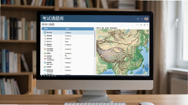 考试通题库（高中地理）主界面预览图，电脑屏幕显示题库列表和地理地图，背景为书房书架，风格写实清晰