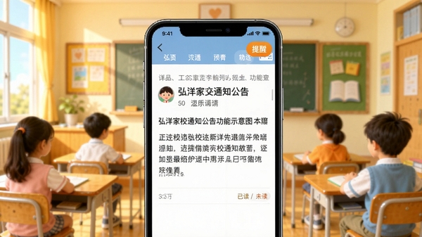 弘洋家校通知公告功能示意图，手机屏幕上显示一条学校通知详情，包含标题、正文和已读/未读状态标记，右上角有提醒按钮，背景为温馨的教室场景，色彩明亮清晰