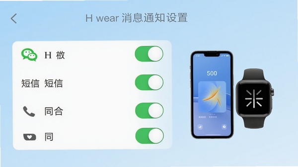H wear消息通知设置界面，显示微信、短信、来电等开关选项，界面简洁，配有手机与手表同步的示意图，背景为浅蓝色渐变，突出功能实用性