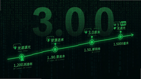 绿光浏览器更新日志示意图，画面以绿色线条勾勒的版本迭代时间轴，背景为数字代码雨与半透明的版本号数字3.0.0，整体风格科技感十足，色调以暗色为主，绿色高亮显示关键节点