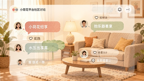 小荷花平台社区讨论界面概念图，显示用户对话气泡和话题标签，背景为温馨的客厅场景，强调互动与分享的社区氛围，色调柔和，插画风格。