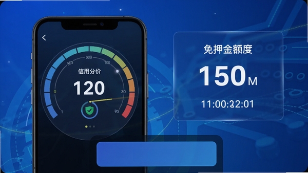 影光租赁信用免押功能展示图，画面左侧为信用分值仪表盘，右侧为免押金额度提示卡片，背景采用蓝色科技感渐变，底部模拟手机界面显示“免押租赁”按钮，整体风格专业且具有信任感
