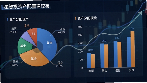 星智投资产配置建议界面预览，展示饼状图、柱状图展示资产分配比例，包含股票、基金、债券等模块，背景有经济走势曲线，整体风格专业、清晰，突出理财规划概念