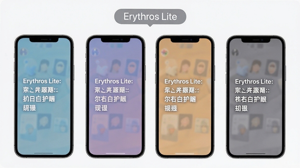 Erythros Lite 主题选择界面，展示多种护眼背景色，手机屏幕显示不同颜色背景下的文字效果，色彩柔和，界面整洁，上方有主题名称标签，高清渲染