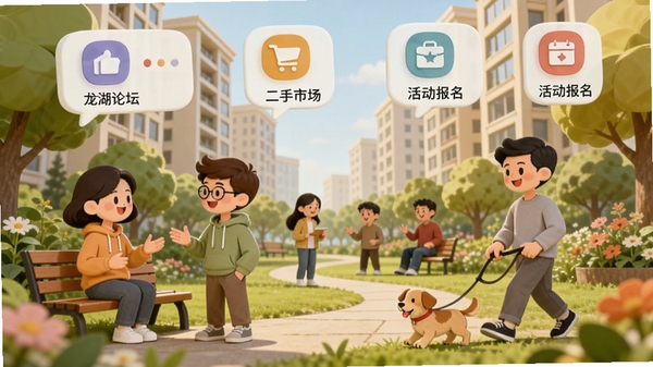 龙湖APP社区生活板块概念图，画面中多个卡通人物在社区花园中互动，有的在聊天、有的在遛狗，背景是高层住宅楼，顶部悬浮着论坛、二手市场、活动报名等图标，色彩温暖活泼，展现和谐友好的社区氛围。