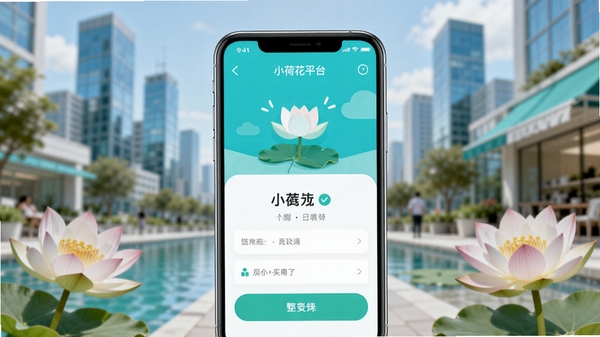 小荷花平台整体预览图，画面中央是手机界面展示，背景为模糊的现代城市生活场景，色彩明亮清新，突出软件的实用与便捷属性，整体风格扁平化设计，高清渲染。