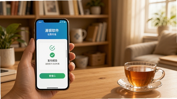 涌银软件话费充值界面，手机屏幕显示支付成功页面，背景为温馨的家庭书房场景，桌上有一杯茶，画面充满生活气息，突出软件缴费功能的便捷与可靠