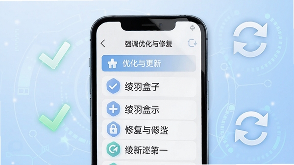 绫羽盒子更新日志配图，画面为手机屏幕展示新功能列表，背景为淡蓝色科技风格，有对勾与刷新图标，强调优化与修复，整体明亮清晰。